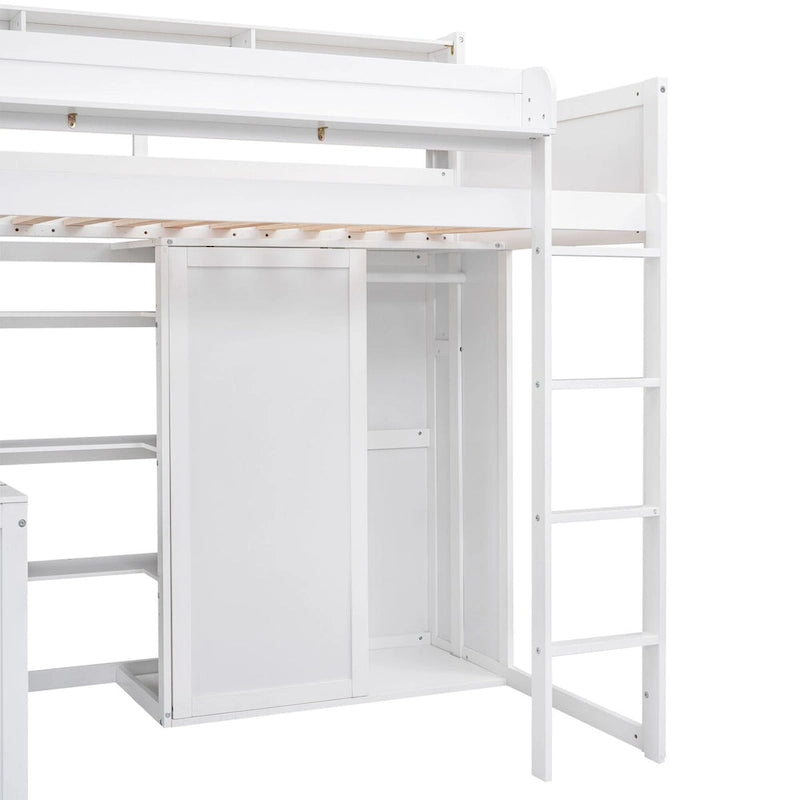 Lit mezzanine simple en bois avec étagères de rangement multiples et armoire
