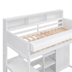 Lit mezzanine simple en bois avec étagères de rangement multiples et armoire