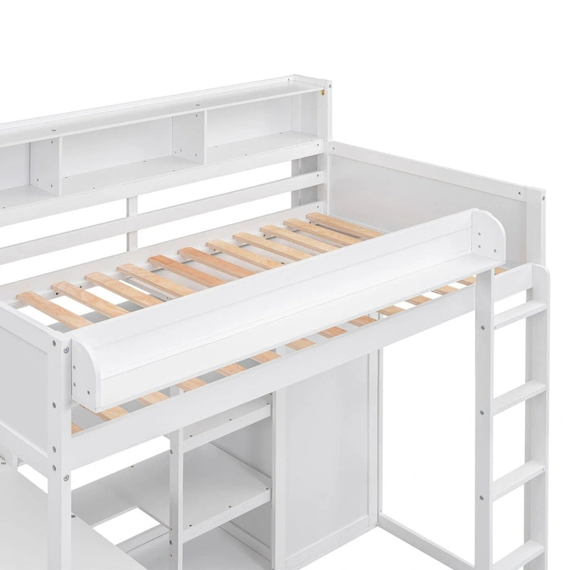 Lit mezzanine simple en bois avec étagères de rangement multiples et armoire