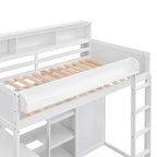 Lit mezzanine simple en bois avec étagères de rangement multiples et armoire