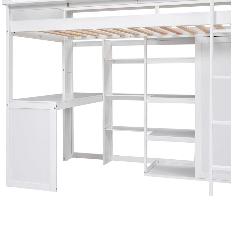 Lit mezzanine simple en bois avec étagères de rangement multiples et armoire
