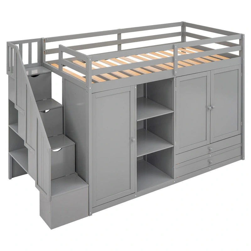 Lit mezzanine une place avec étagères et tiroirs intégrés