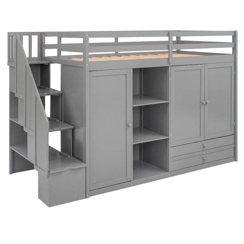 Lit mezzanine une place avec étagères et tiroirs intégrés