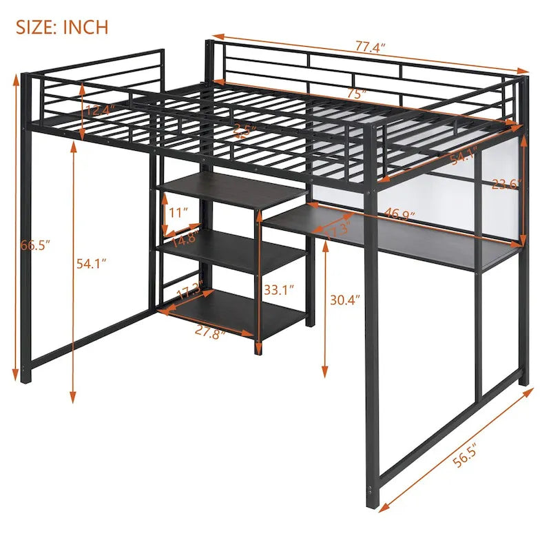 Lit mezzanine en métal noir avec bureau, tableau blanc et 3 étagères, échelle incluse