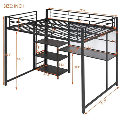 Lit mezzanine en métal noir avec bureau, tableau blanc et 3 étagères, échelle incluse