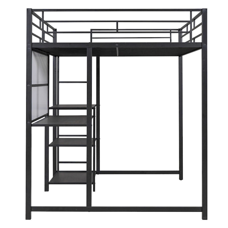 Lit mezzanine en métal noir avec bureau, tableau blanc et 3 étagères, échelle incluse