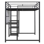 Lit mezzanine en métal noir avec bureau, tableau blanc et 3 étagères, échelle incluse