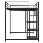 Lit mezzanine en métal noir avec bureau, tableau blanc et 3 étagères, échelle incluse