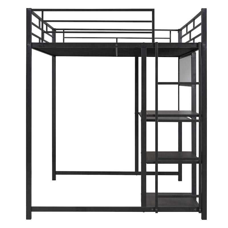 Lit mezzanine en métal noir avec bureau, tableau blanc et 3 étagères, échelle incluse