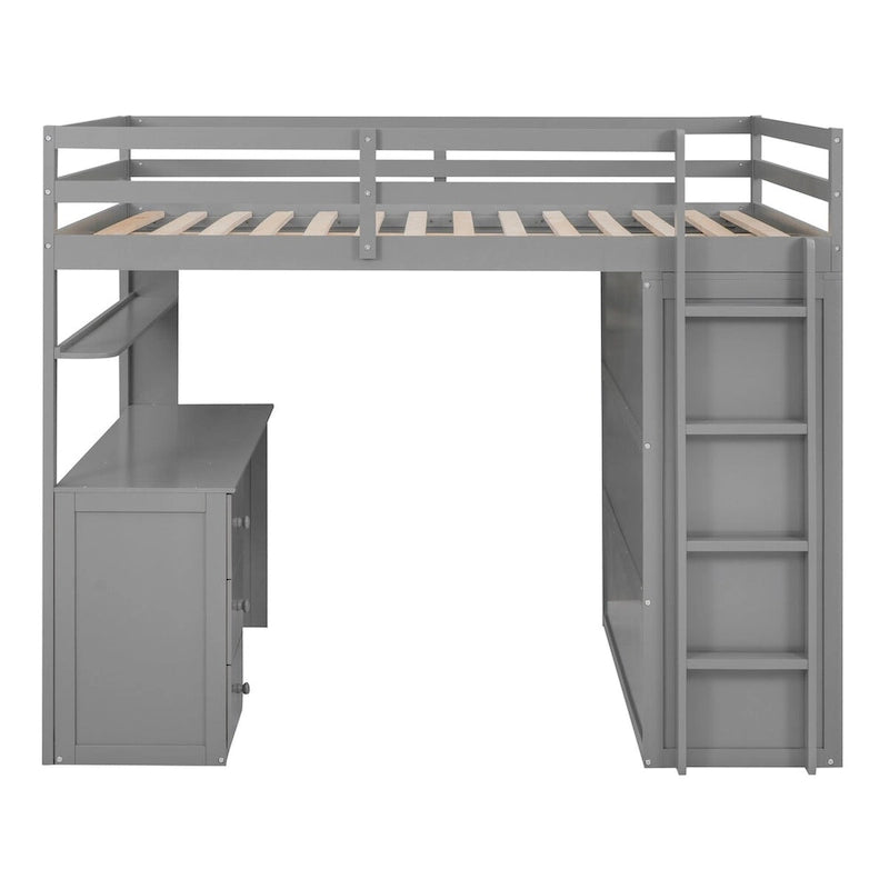 Full Size Wood Loft Bed with Integrated Drawers, Desk, and Wardrobe for Complete Storage Solution