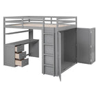 Lit mezzanine en bois pleine grandeur avec tiroirs intégrés, bureau et armoire pour une solution de rangement complète