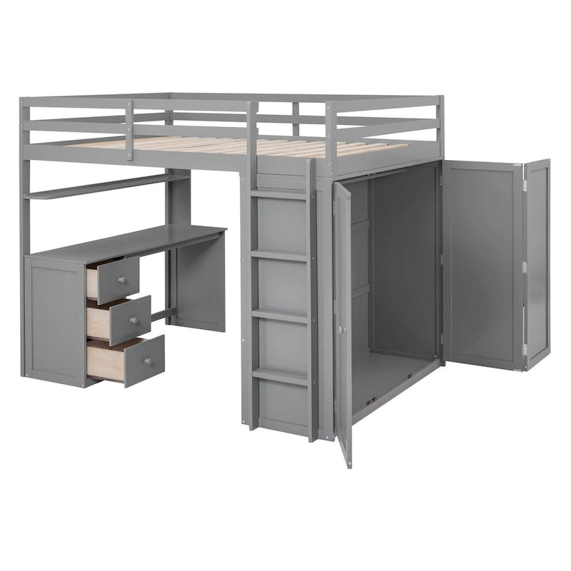 Lit mezzanine en bois pleine grandeur avec tiroirs intégrés, bureau et armoire pour une solution de rangement complète