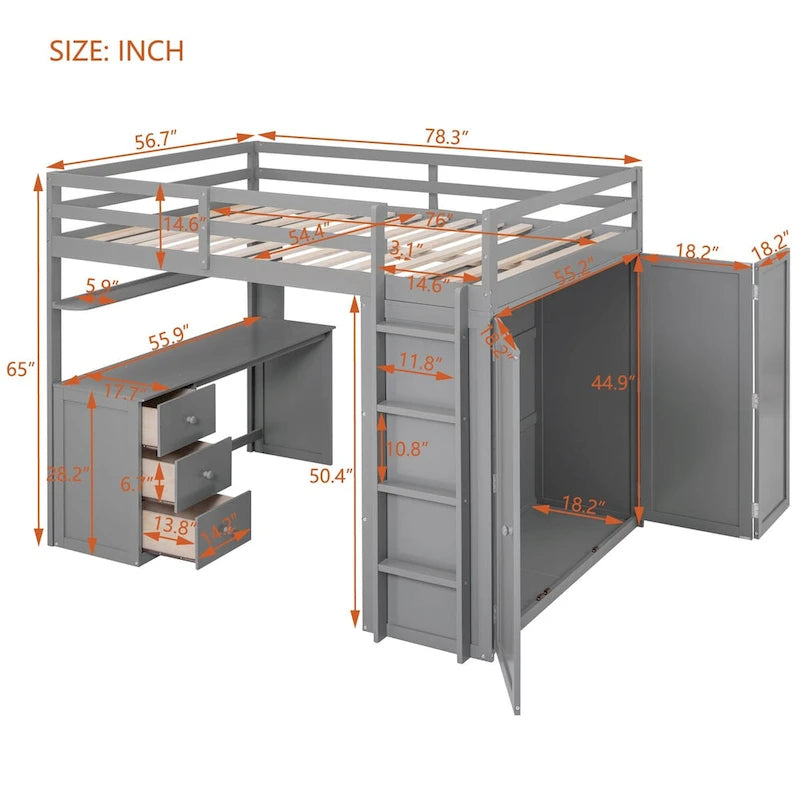 Lit mezzanine en bois pleine grandeur avec tiroirs intégrés, bureau et armoire pour une solution de rangement complète