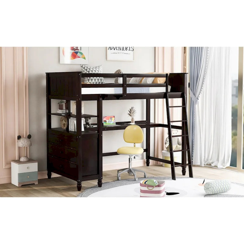 Lit mezzanine double en bois massif avec tiroirs, bureau et étagères - Lit mezzanine en bois peu encombrant - Blanc/Gris/Noir