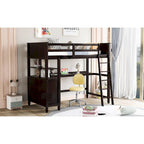 Lit mezzanine double en bois massif avec tiroirs, bureau et étagères - Lit mezzanine en bois peu encombrant - Blanc/Gris/Noir