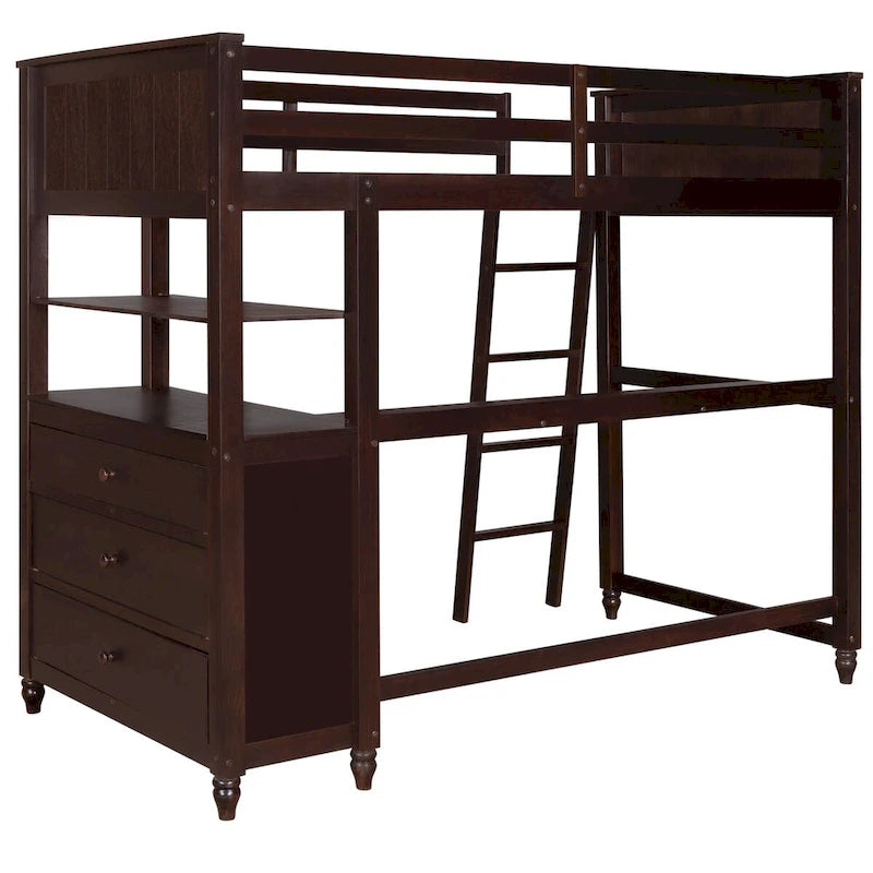 Lit mezzanine double en bois massif avec tiroirs, bureau et étagères - Lit mezzanine en bois peu encombrant - Blanc/Gris/Noir