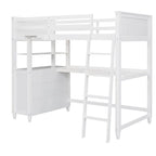 Lit mezzanine double en bois massif avec tiroirs, bureau et étagères - Lit mezzanine en bois peu encombrant - Blanc/Gris/Noir