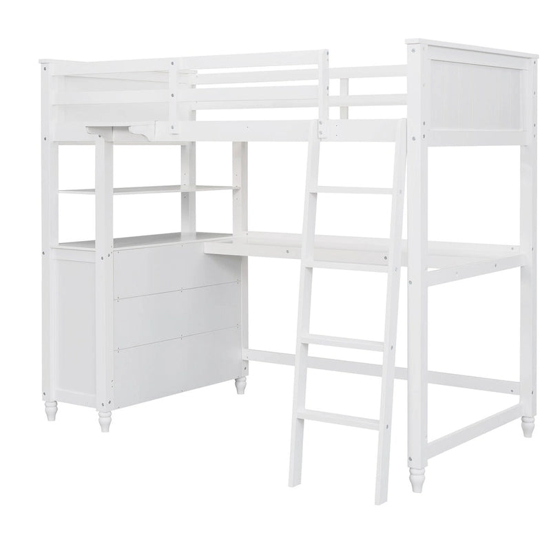 Lit mezzanine double en bois massif avec tiroirs, bureau et étagères - Lit mezzanine en bois peu encombrant - Blanc/Gris/Noir
