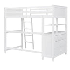 Lit mezzanine double en bois massif avec tiroirs, bureau et étagères - Lit mezzanine en bois peu encombrant - Blanc/Gris/Noir