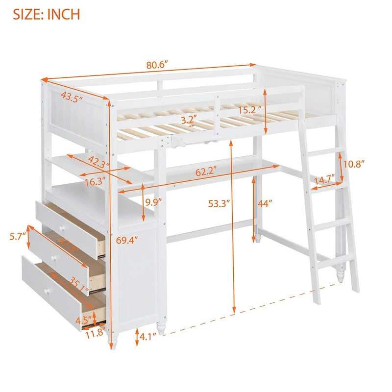 Lit mezzanine double en bois massif avec tiroirs, bureau et étagères - Lit mezzanine en bois peu encombrant - Blanc/Gris/Noir