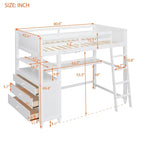 Lit mezzanine double en bois massif avec tiroirs, bureau et étagères - Lit mezzanine en bois peu encombrant - Blanc/Gris/Noir