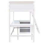 White Twin Size Loft Bed with Desk and Shelves, Full-Length Guardrail, Sturdy Pine Wood Frame