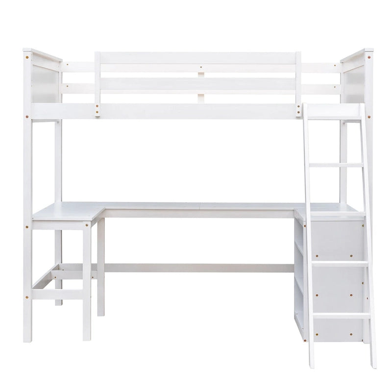Lit mezzanine blanc pour jumeaux avec bureau et étagères, garde-corps pleine longueur, cadre robuste en bois de pin