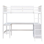 Lit mezzanine blanc pour jumeaux avec bureau et étagères, garde-corps pleine longueur, cadre robuste en bois de pin