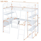Lit mezzanine en métal blanc avec étagères à 4 niveaux, bureau en L, prises de courant, ports USB, chargement sans fil