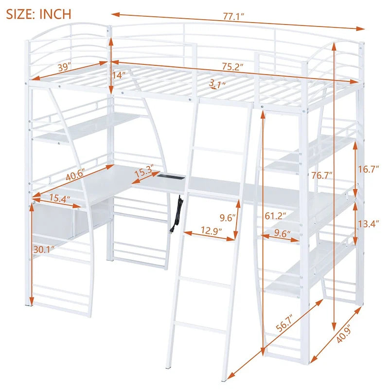 Lit mezzanine en métal blanc avec étagères à 4 niveaux, bureau en L, prises de courant, ports USB, chargement sans fil