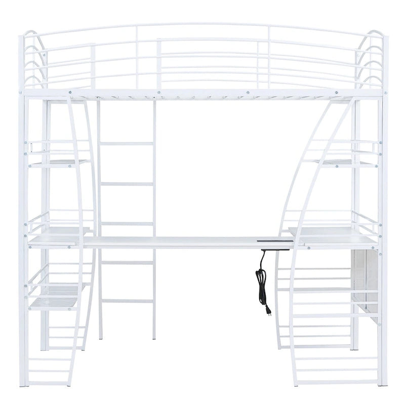 Lit mezzanine en métal blanc avec étagères à 4 niveaux, bureau en L, prises de courant, ports USB, chargement sans fil