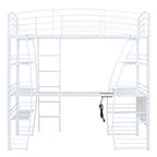Lit mezzanine en métal blanc avec étagères à 4 niveaux, bureau en L, prises de courant, ports USB, chargement sans fil