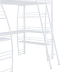 Lit mezzanine en métal blanc avec étagères à 4 niveaux, bureau en L, prises de courant, ports USB, chargement sans fil