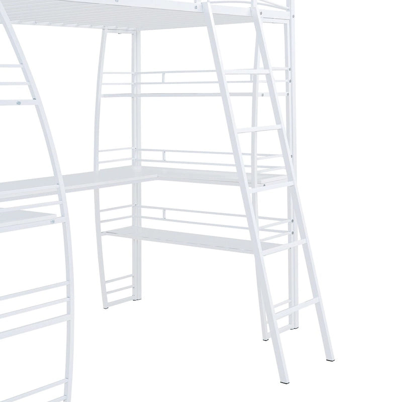 Lit mezzanine en métal blanc avec étagères à 4 niveaux, bureau en L, prises de courant, ports USB, chargement sans fil