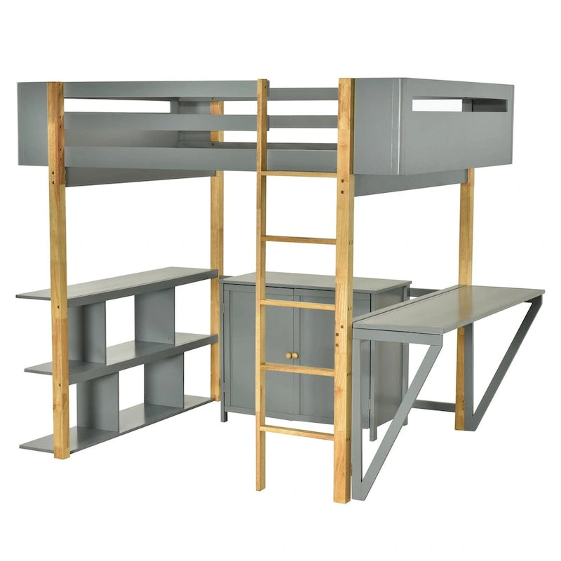 Lit mezzanine en bois pleine taille avec armoire de rangement intégrée, compartiments et bureau