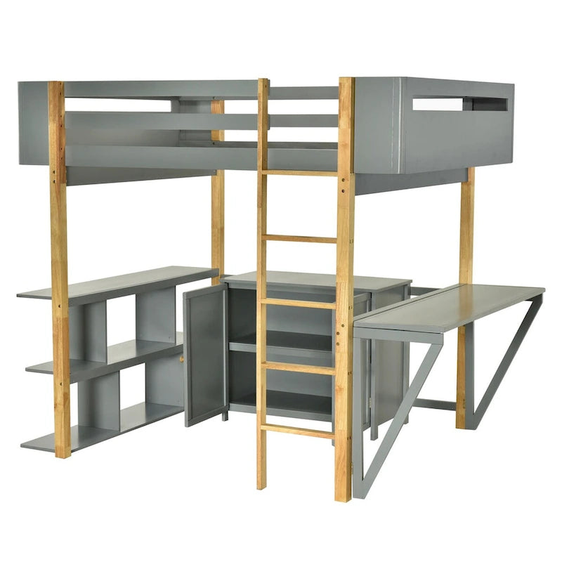 Lit mezzanine en bois pleine taille avec armoire de rangement intégrée, compartiments et bureau