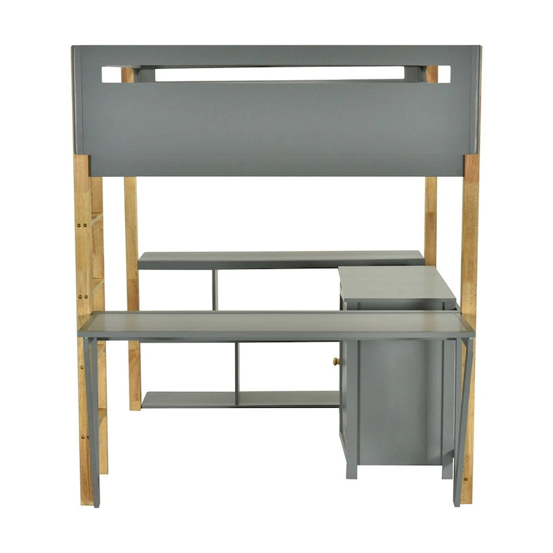 Lit mezzanine en bois pleine taille avec armoire de rangement intégrée, compartiments et bureau