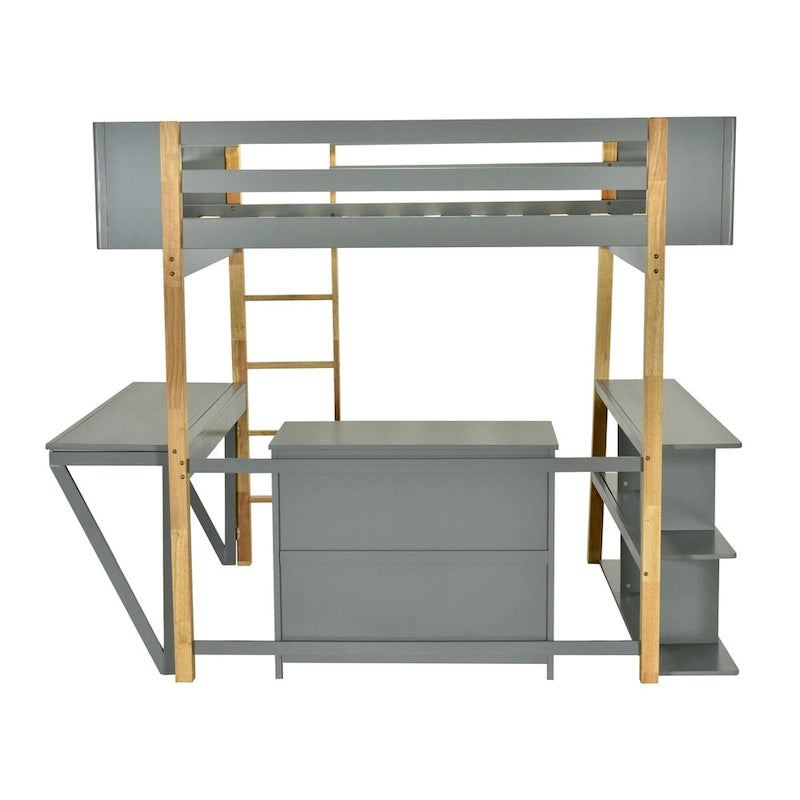 Lit mezzanine en bois pleine taille avec armoire de rangement intégrée, compartiments et bureau