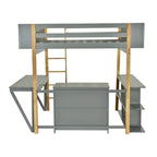 Lit mezzanine en bois pleine taille avec armoire de rangement intégrée, compartiments et bureau