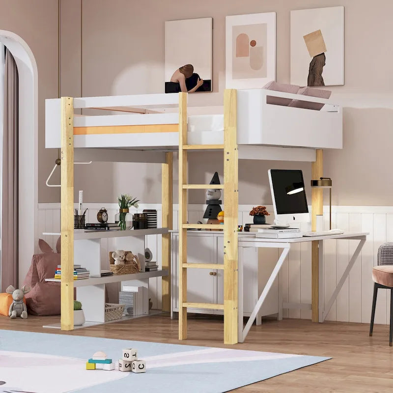 Lit mezzanine en bois pleine taille avec armoire de rangement intégrée, compartiments et bureau