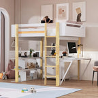 Lit mezzanine en bois pleine taille avec armoire de rangement intégrée, compartiments et bureau