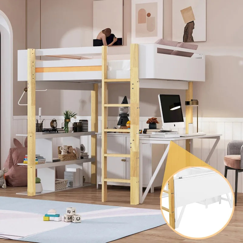 Lit mezzanine en bois pleine taille avec armoire de rangement intégrée, compartiments et bureau
