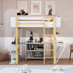 Lit mezzanine en bois pleine taille avec armoire de rangement intégrée, compartiments et bureau