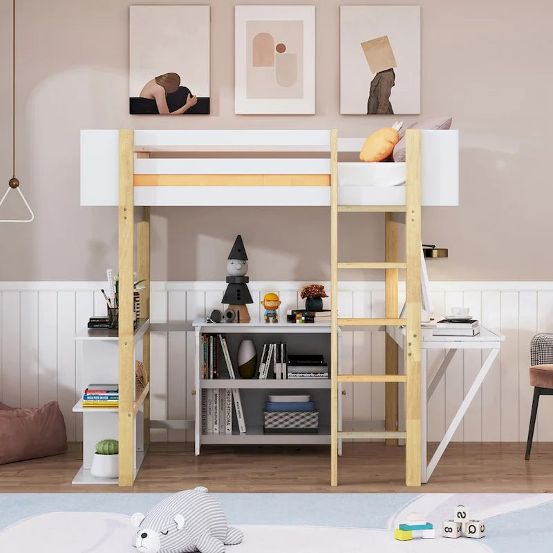 Lit mezzanine en bois pleine taille avec armoire de rangement intégrée, compartiments et bureau