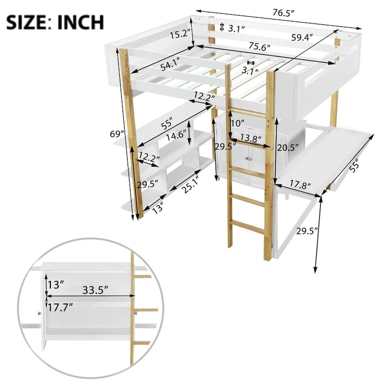 Lit mezzanine en bois pleine taille avec armoire de rangement intégrée, compartiments et bureau