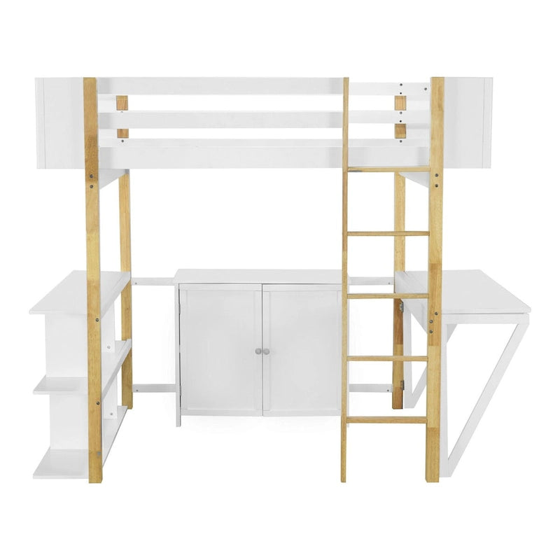 Lit mezzanine en bois pleine taille avec armoire de rangement intégrée, compartiments et bureau