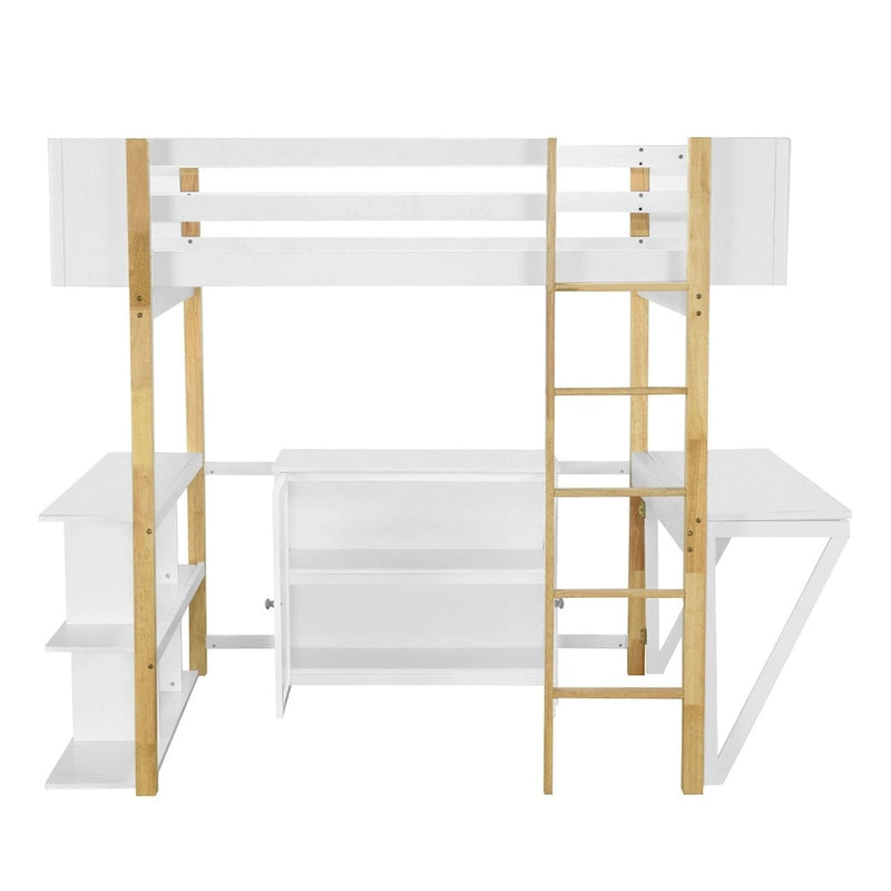 Lit mezzanine en bois pleine taille avec armoire de rangement intégrée, compartiments et bureau
