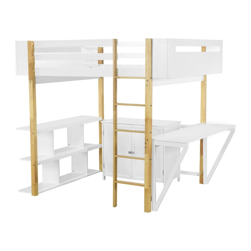 Lit mezzanine en bois pleine taille avec armoire de rangement intégrée, compartiments et bureau