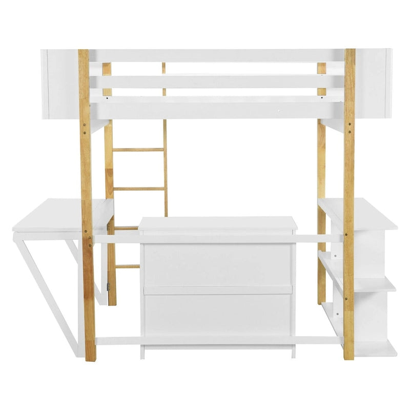 Lit mezzanine en bois pleine taille avec armoire de rangement intégrée, compartiments et bureau