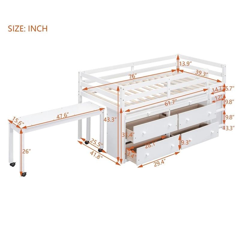 Lit mezzanine en bois, taille double, avec bureau escamotable et 4 tiroirs
